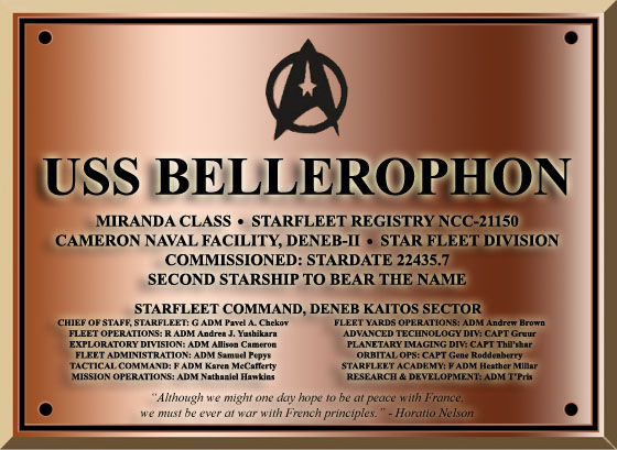 The commissioning dedication plaque of the Miranda-class destroyer escort USS Bellerophon NCC-21150